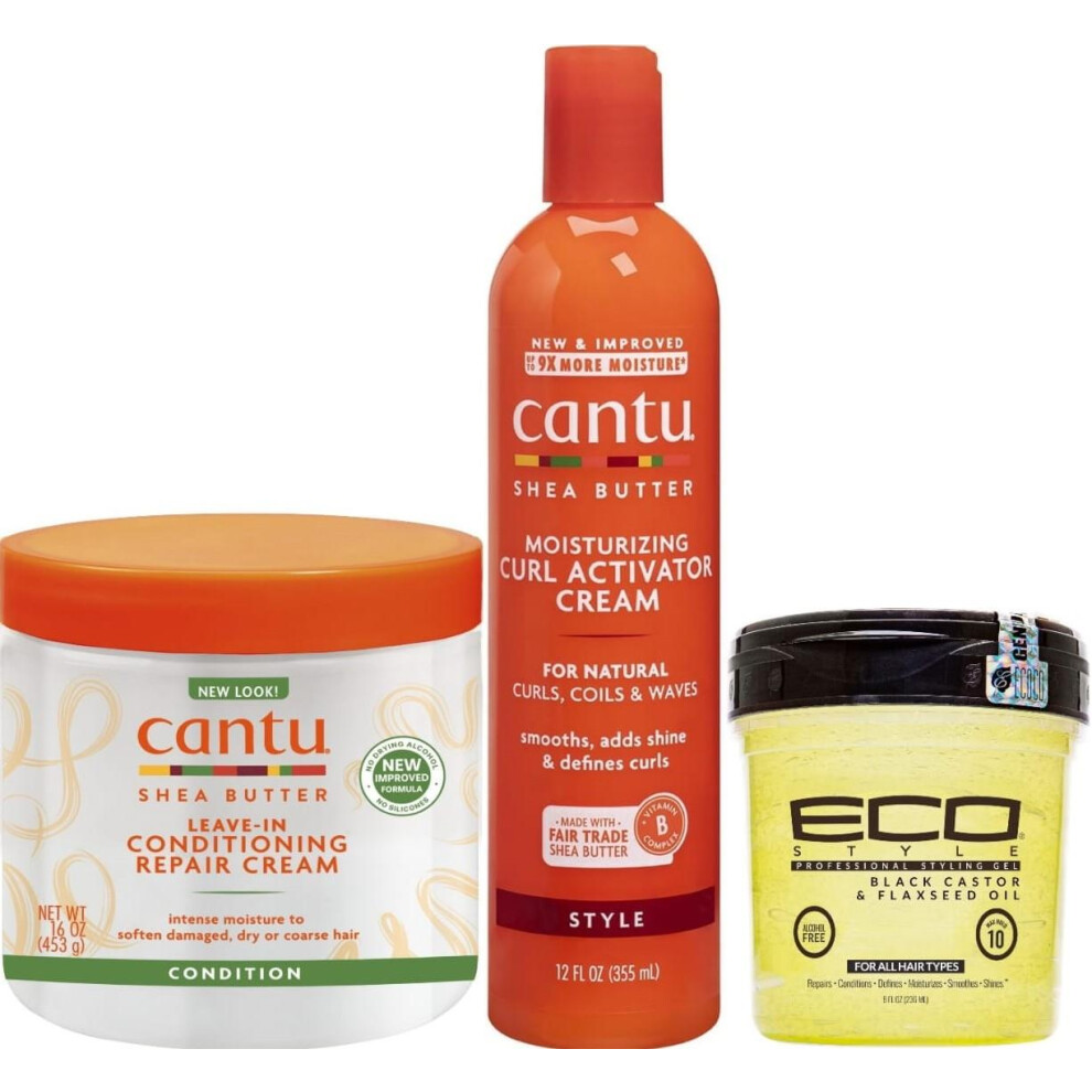 Cantu Curl Activator Cream 355Ml, Leave In Conditioning Cream 453G, Eco Style Black Castor Oil Styling Gel 236Ml (Set Of 3)