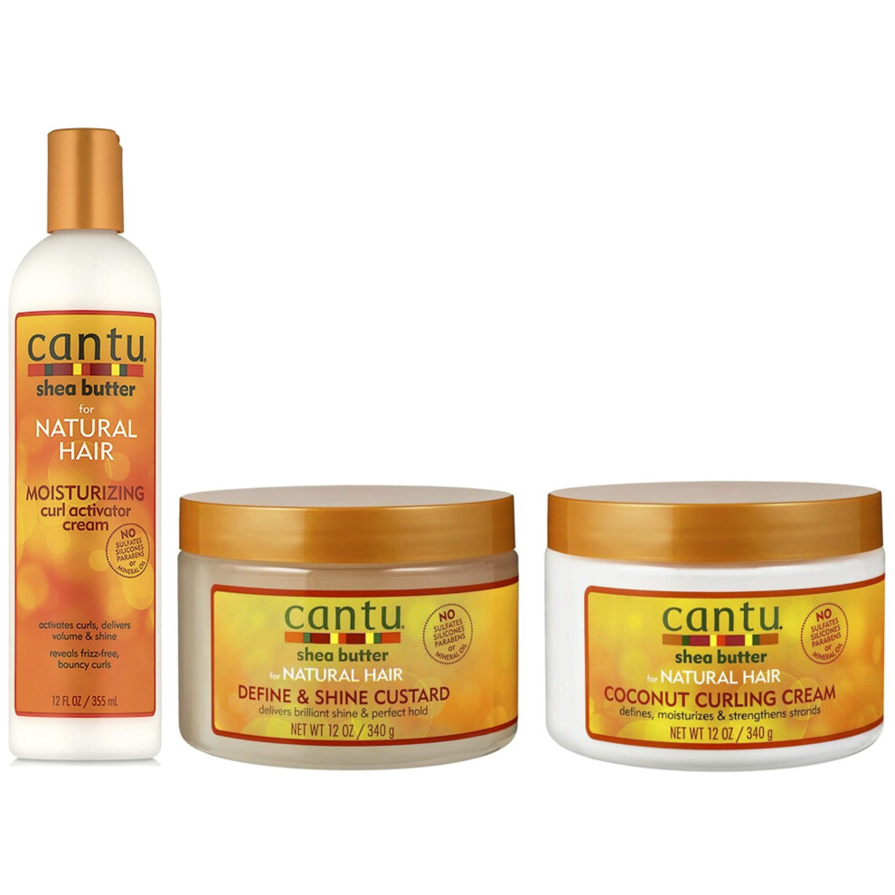 Cantu Shea Butter Curl Activator Cream 12Oz, Define & Shine Custard12Oz, Coconut Curling Cream 12Oz (Set Of 3)