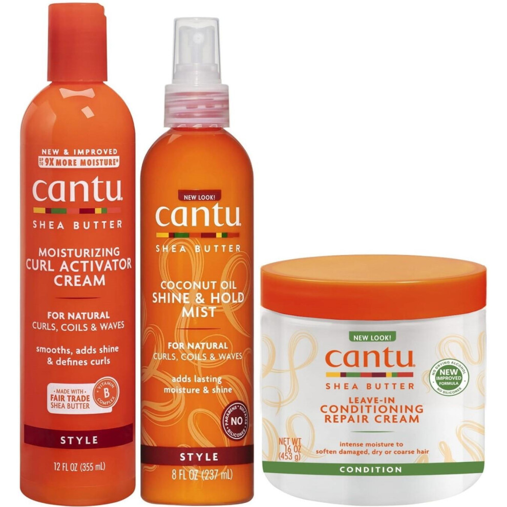 Cantu Shea Butter Curl Activator Cream, Coconut Oil Shine Mist, Leave-In Conditioning Cream (Set Of 3)