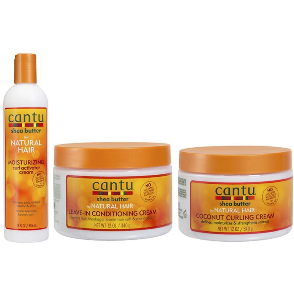 Cantu Shea Butter Curl Activator Cream, Leave-In Conditiioning Cream And Coconut Curling Cream Combo (Ste Of 3)