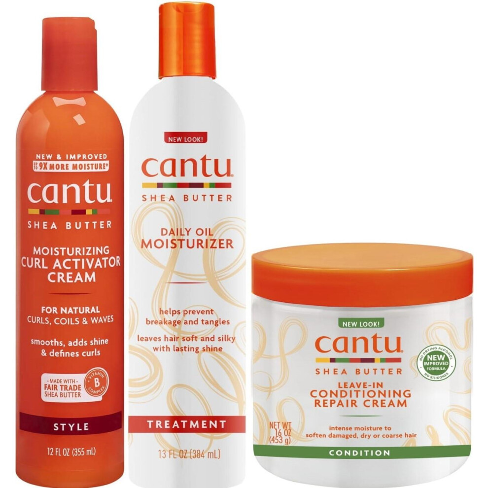 Cantu Shea Butter Curl Activator Cream, Leave-In Conditioning Cream, Daily Oil Moisturizer (Set Of 3)