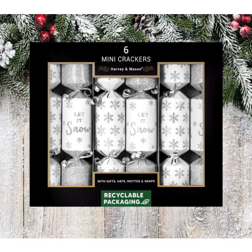 6 Mini Christmas Crackers Silver Glitter Snowflake Party 8.5 Inch