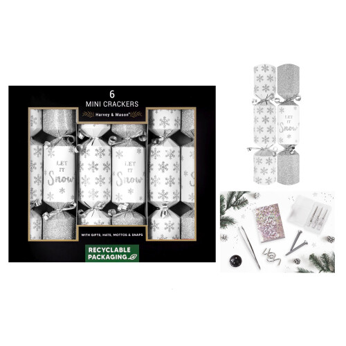6 Mini Christmas Crackers Silver Glitter Snowflake Party 8.5 Inch 1