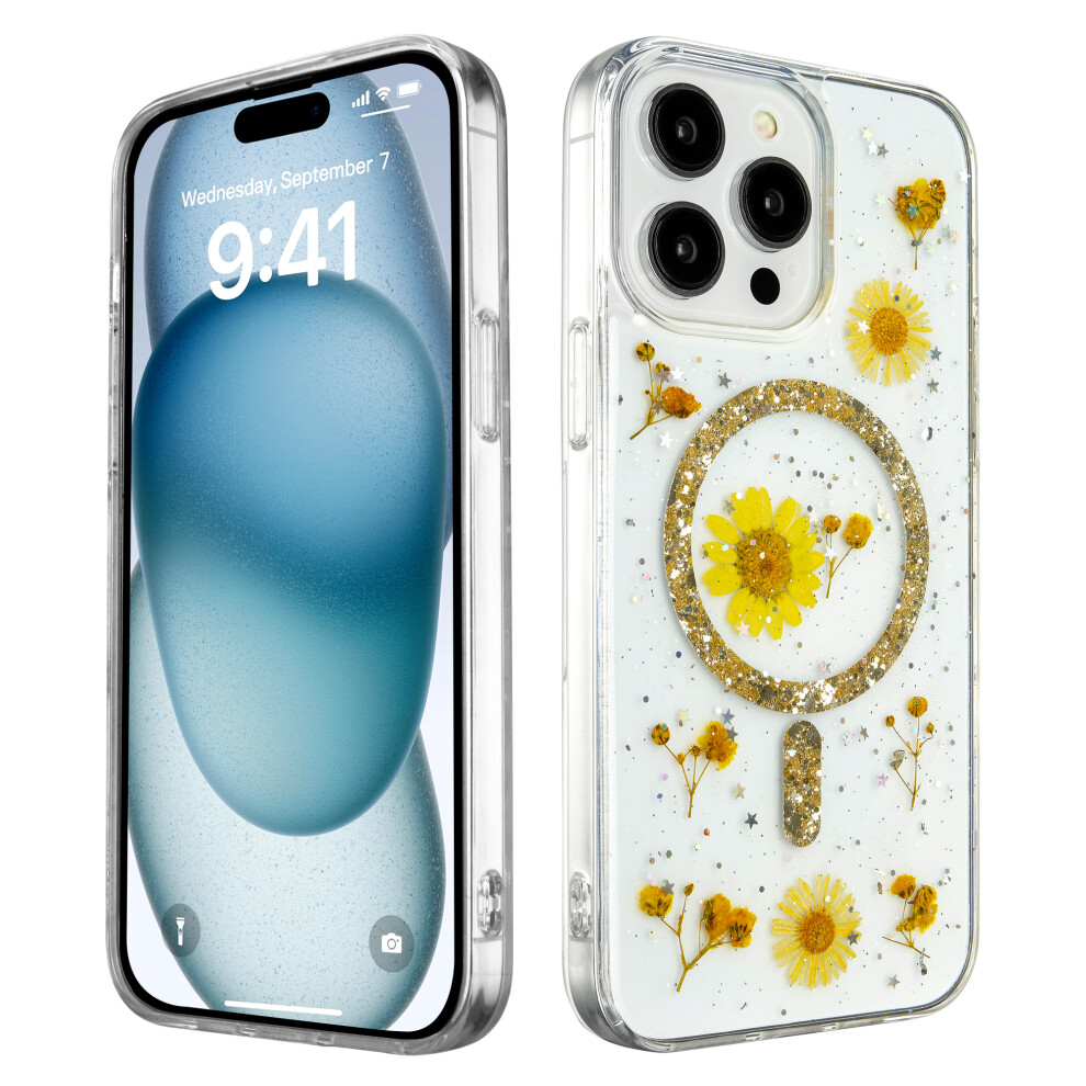 (Iphone 13 Pro, ) Case For Iphone 13 Pro Max Glitter Bling Diamond Back Floral Phone Cover [Compatible With Magsafe] Yellow 5059302151281