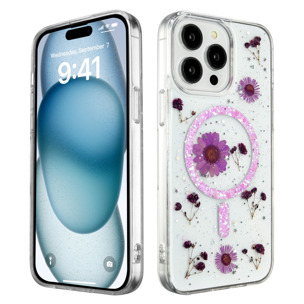 (Iphone 13 Pro Max, ) Case For Iphone 13 Pro Max Glitter Bling Diamond Back Floral Phone Cover [Compatible With Magsafe] Purple 5059302151359