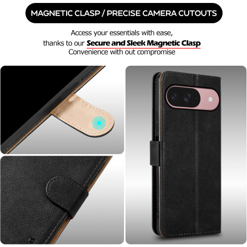 (Google Pixel 9, Black) For Google Pixel 9 / 9 Pro XL Leather Book Flip Wallet Case 1