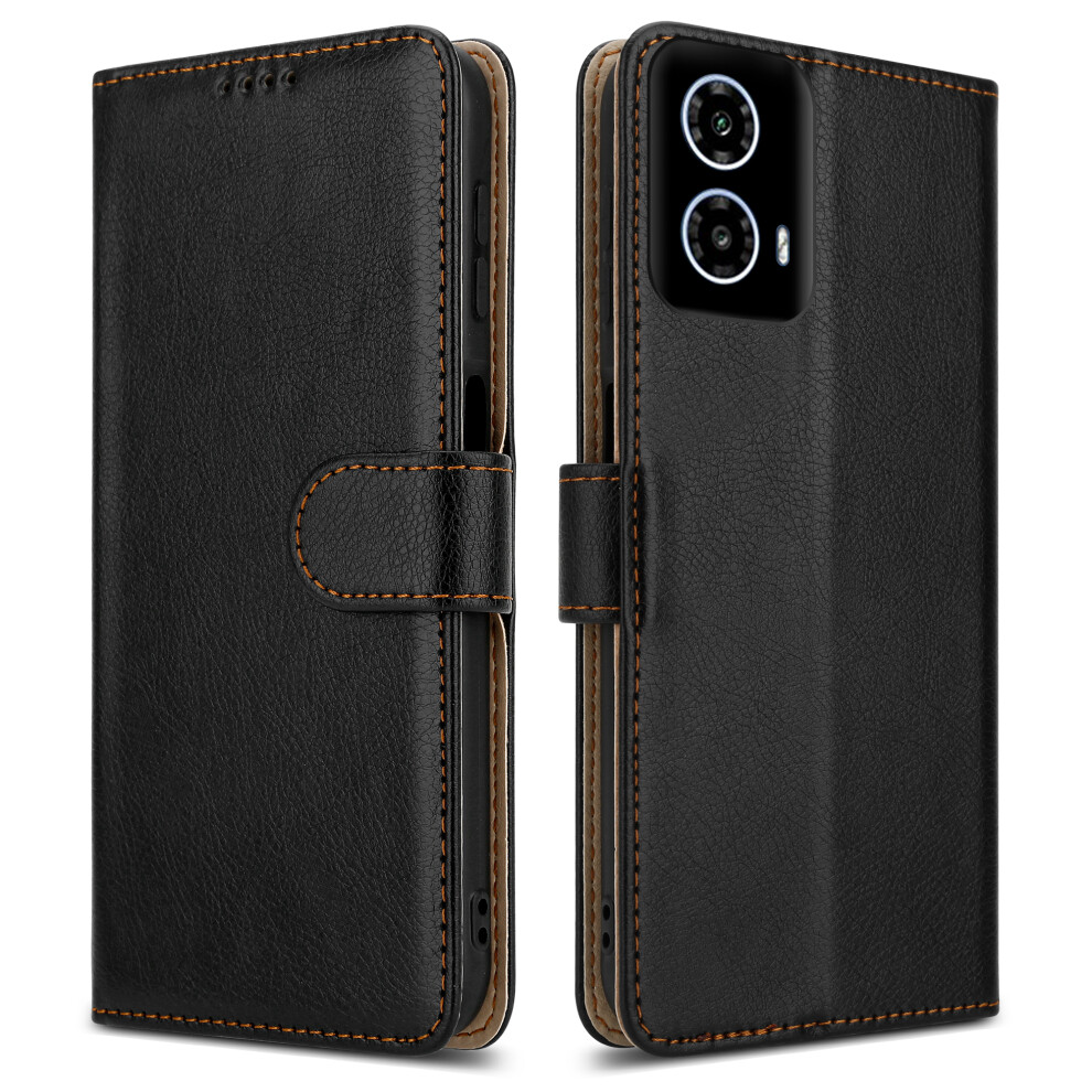 (Motorola G34, Black) For Motorola Moto G34 Leather Book Flip Wallet Case