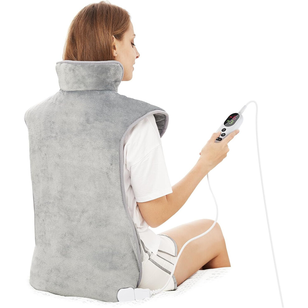 (Comfort Grey) Heating pad for back, neck and shoulder pain relief (60x100cm) Rapid heating heater with belt, 6 heat levels, auto shut-off timer