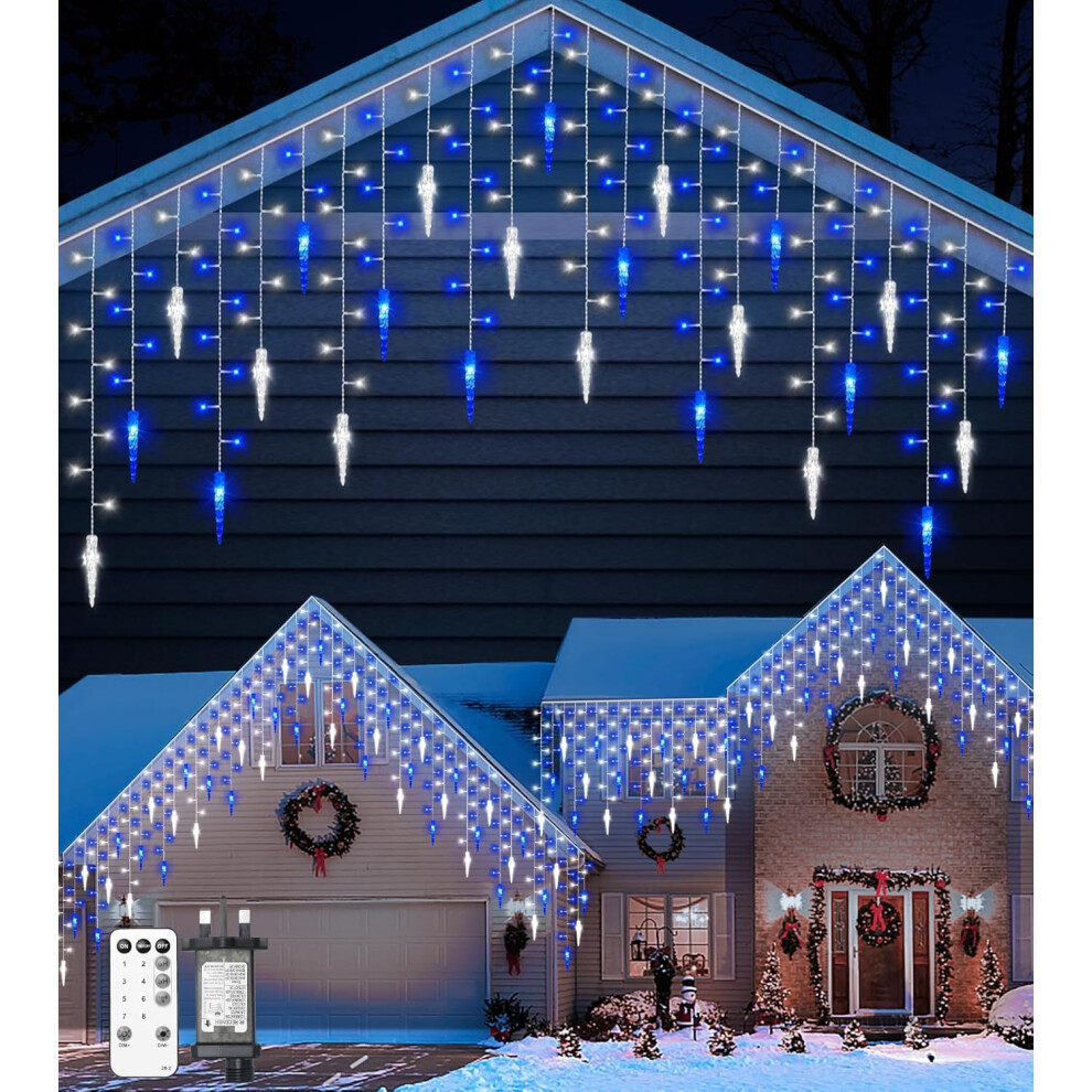 10M/33Ft 270 Led Icicle Lights With 45 Icicles, Blue And White Fairy Twinkle Lights - Ip44 Waterproof/Remote Control/8 Modes/Memory/Timer Blue,White