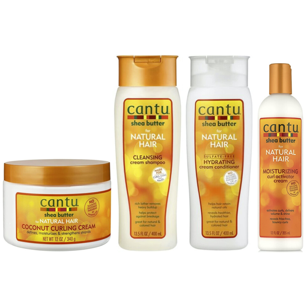 Cantu Coconut Curling Cream 12Oz, Shampoo & Conditioner 12Oz, Curl Activator Cream 12Oz.(Set Of 4)