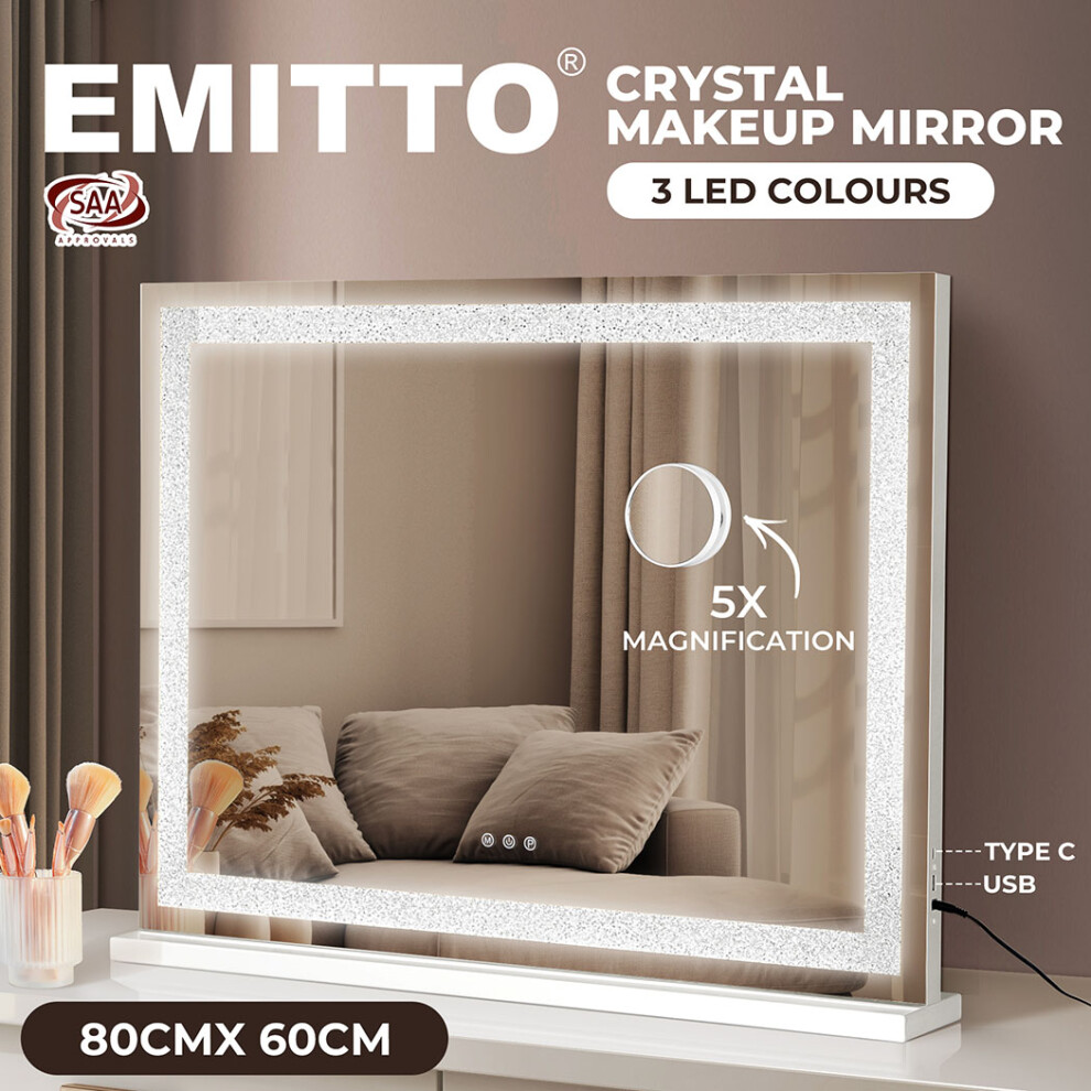 Emitto Tabletop Touch Crystal Vanity Mirror Makeup USB LED Large