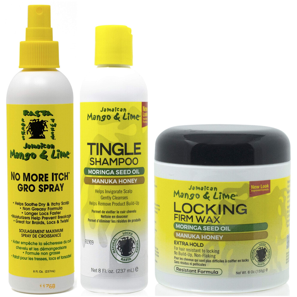 Jamaican Mango & Lime No More Itch Grow Spray 8Oz With Tingle Shampoo 8Oz & Locking Firm Wax 6Oz (Set Of 3)