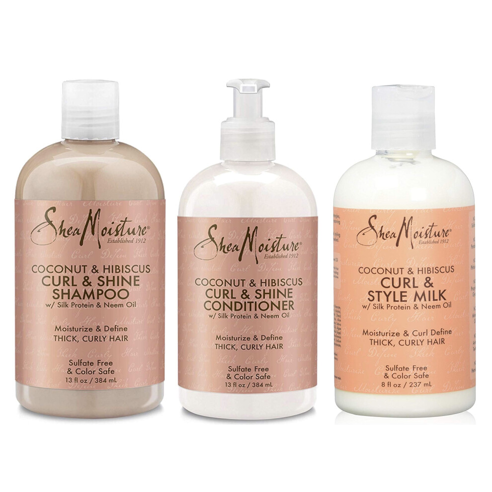 Shea Moisture Coconut Hibiscus Curl & Shine Shampoo, Conditioner And Style Milk (Set Of 3)