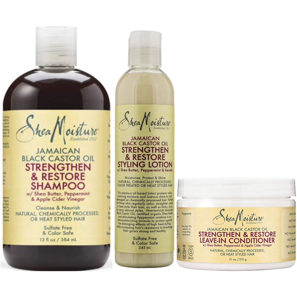 Shea Moisture Jamaican Black Castor Oil Shampoo, Leave In Conditioner & Styling Lotion (Set Of 3)