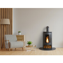 OKO S5 Bio Ethanol Cylinder Stove with Log Storage in Charcoal Grey & Angled Stove Pipe