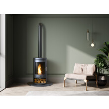 OKO S5 Bio Ethanol Cylinder Stove with Log Storage in Charcoal Grey & Tall Angled Metal Stove Pipe
