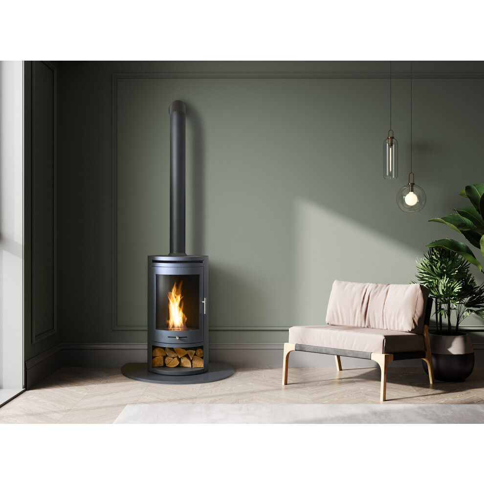 OKO S5 Bio Ethanol Cylinder Stove with Log Storage in Charcoal Grey & Tall Angled Metal Stove Pipe