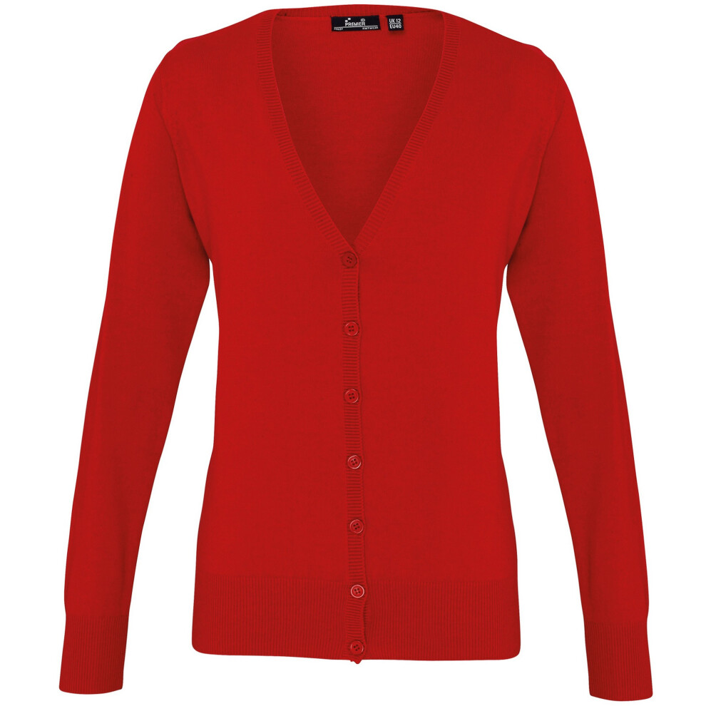 (24, Red) Premier Womens/Ladies Button Through Long Sleeve V-neck Knitted Cardigan