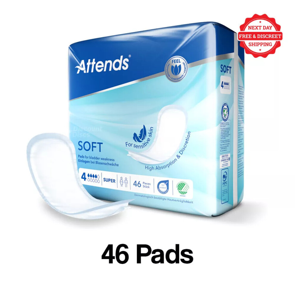 Attends Soft 4 Super Unisex Discreet Incontinence Pads Men Women 46pcs