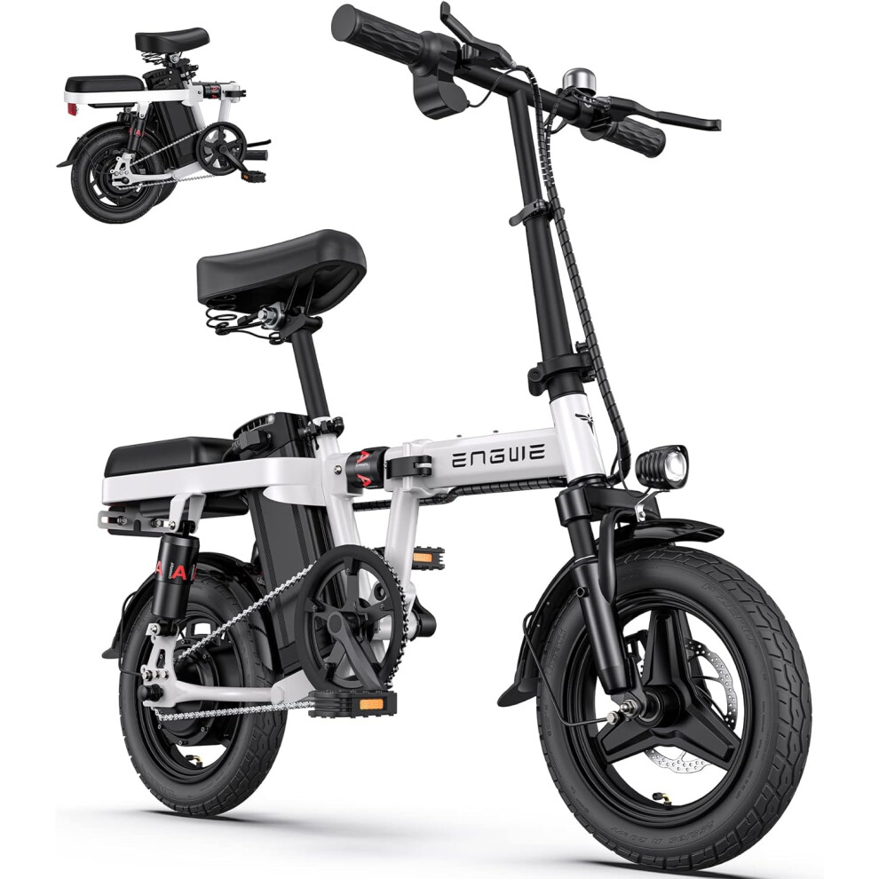 (WHITE) ENGWE T14 Folding Electric Bike 14'' Tires Portable E-bike, 48V 10Ah Removable Battery, 25 km/h Speed for Range of 30-70 km, City E-Bike for A