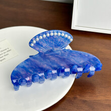 (Blue) Trendy Large Acetate Hair Claw Clip With Beautiful Shell And Pearl Embellishments