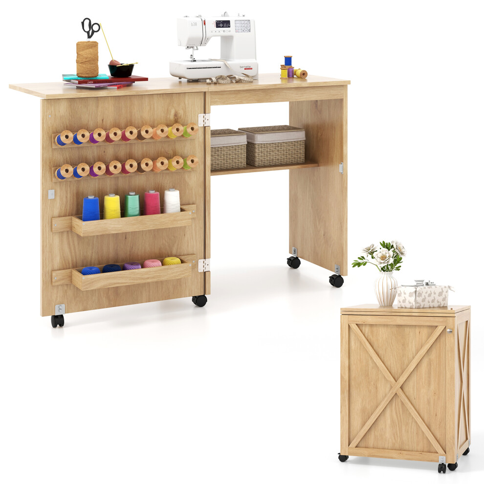 Folding Sewing Table Cabinet w/Storage Shelf 2 Trays & 18 Pegs Natural