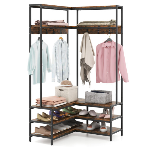 Costway Corner Coat Rack L-shaped Clothes Rack with 7 Hooks & Shoe Bench
