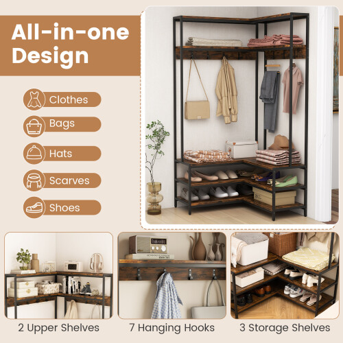 Costway Corner Coat Rack L-shaped Clothes Rack with 7 Hooks & Shoe Bench 1