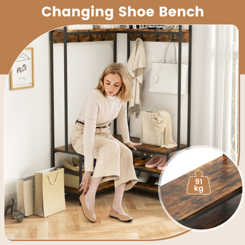Costway Corner Coat Rack L-shaped Clothes Rack with 7 Hooks & Shoe Bench 2