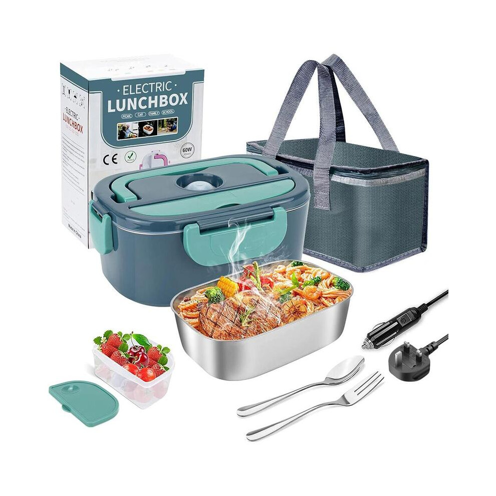 (Dark Green, UK Plug) Portable Electric Lunchbox | 60W Fast Heating | Car Charger Included