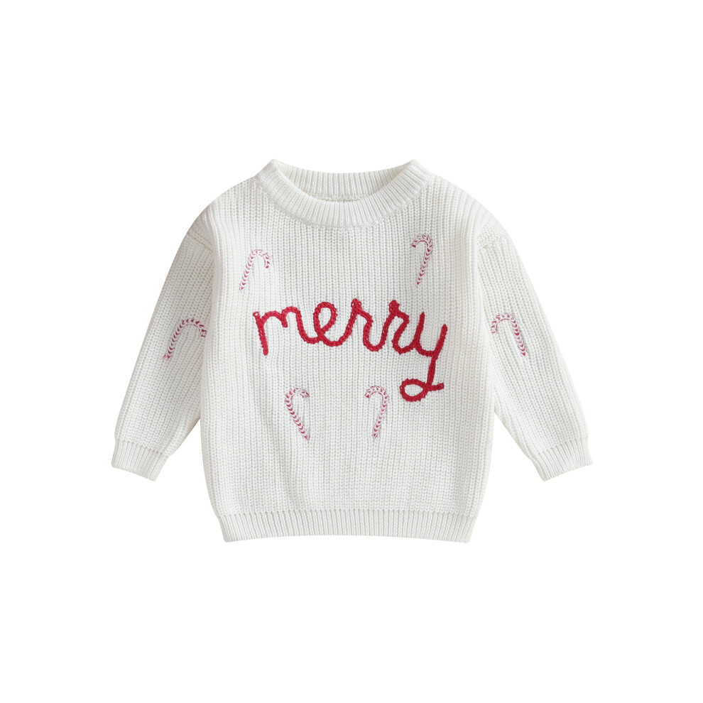 (a, 2-3 Years) Baby Boys Girls Christmas Sweaters Cute Candy Cane Embroidery Long Sleeve Knit Pullover Tops Toddler Winter Clothes