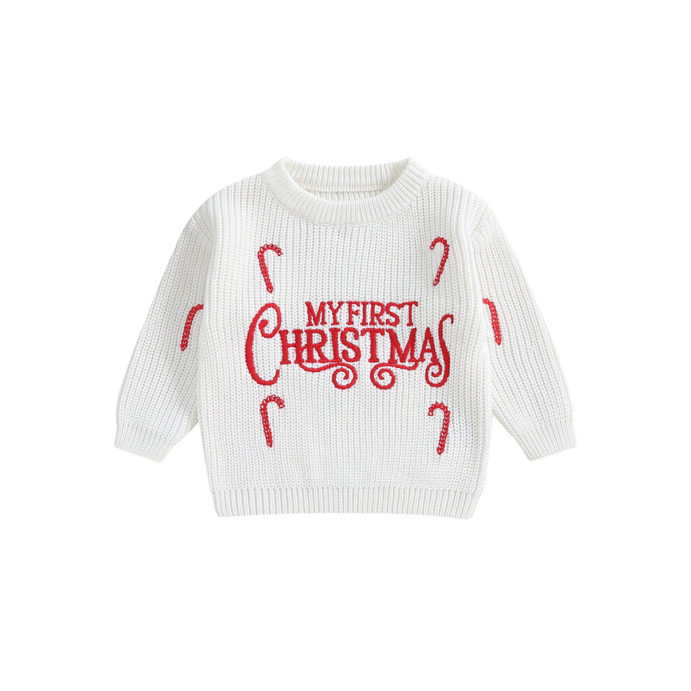(c, 9-12 Months) Baby Boys Girls Christmas Sweaters Cute Candy Cane Embroidery Long Sleeve Knit Pullover Tops Toddler Winter Clothes