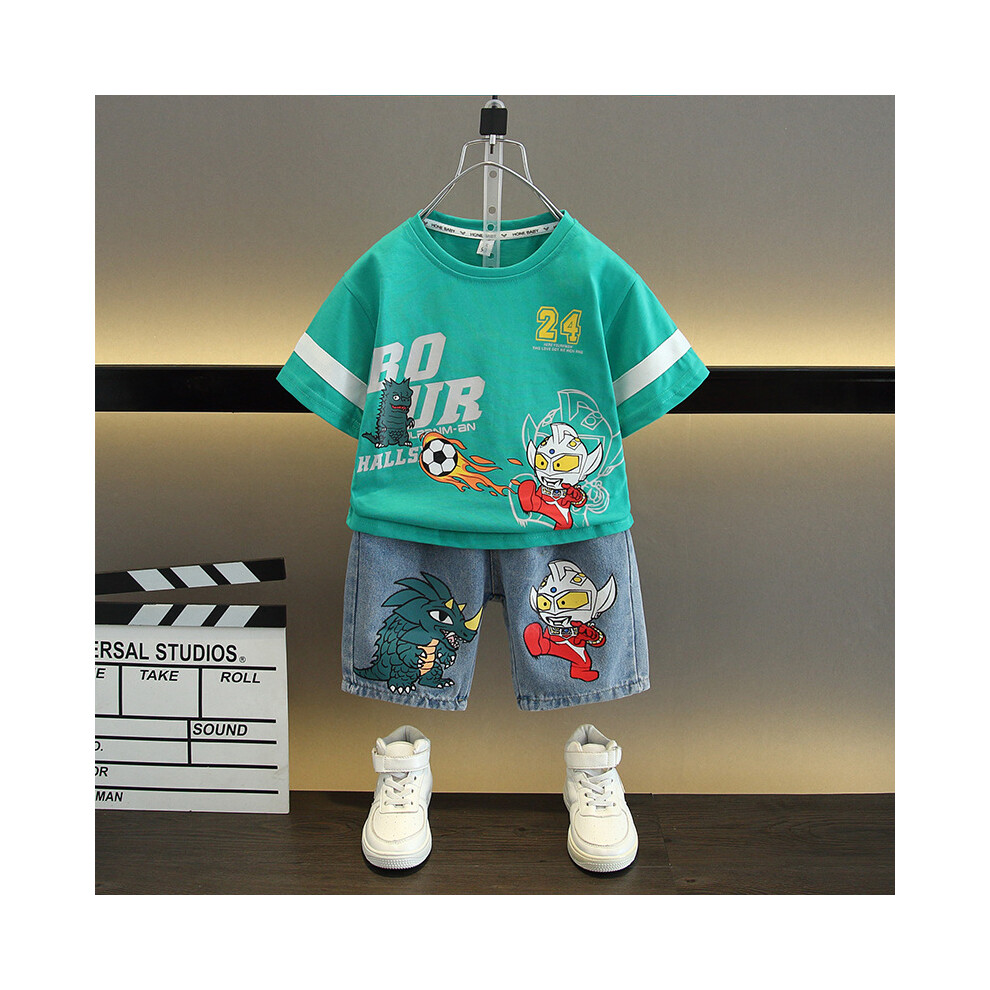 (Green, 90cm) Cute Summer Ultraman Outfit For Boys Trendy Soft Cotton Twopiece Set For Young Kids Ages 3 To 8-image-OPC-PFGRTQM-NEW