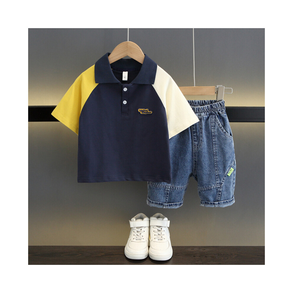 (Blue Letter, 120cm) Elegant Summer Boys Twopiece Outfit With Soft Cotton Short Sleeve Polo Tshirt And Stylish Shorts-image-OPC-PFGRX5W-NEW