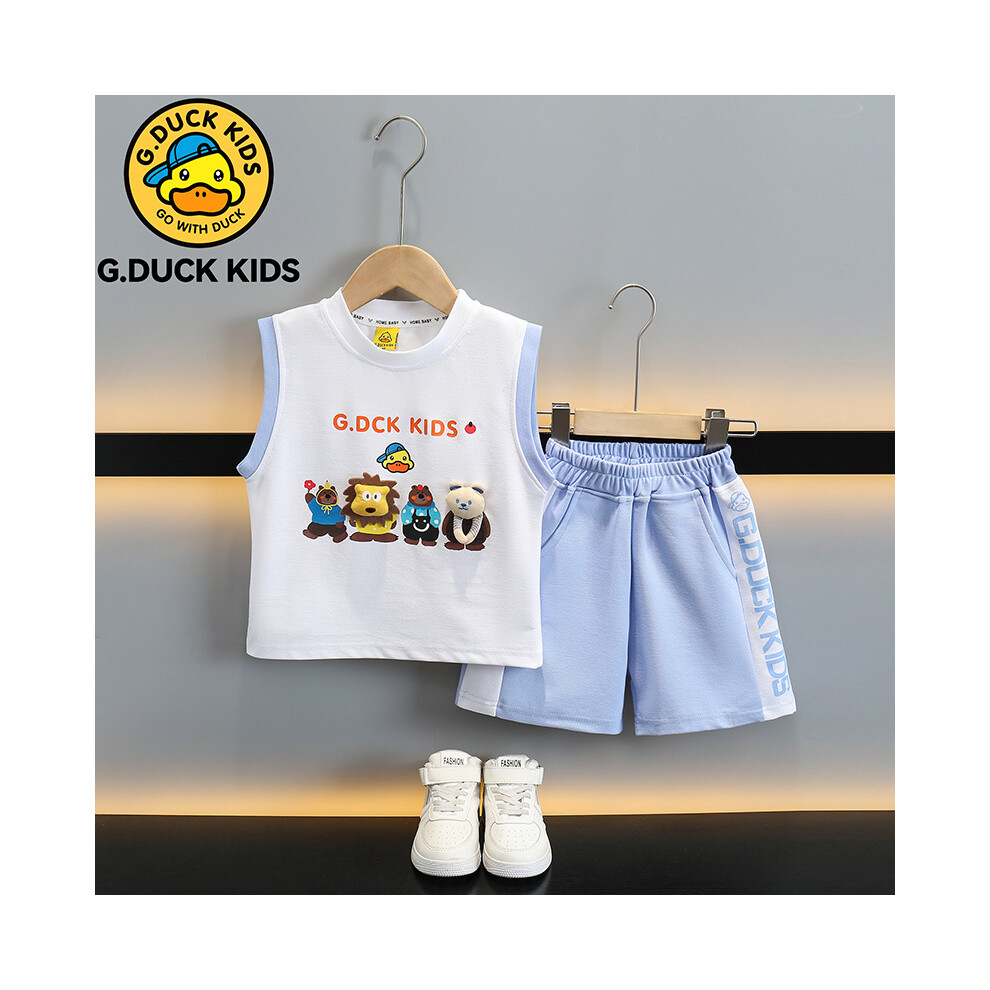 (Blue, 130cm) Summer Boys Stylish Vest Set Cool Children Sportswear Soft Cotton Two Piece Outfit For Ages 3 To 8 In Green And Blue Shades-image-OPC-PFGRYGB-NEW