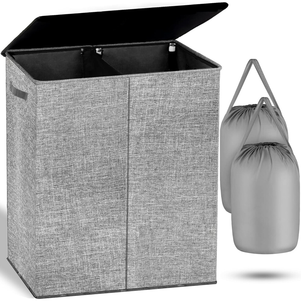 (Large, Grey) Double Laundry Basket with Lid and Removable Laundry Bag, 2 Compartment Laundry Basket for Light and Dark Clothes, 145L Large Laundry Basket