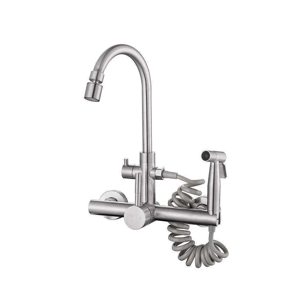 Wall Mount Kitchen Faucet 8 Inch Faucet Brushed Nickeled Faucet For Kitchen, With Spray Gun And 2 Water Jet, Swivel 360 Spout Wall Faucet 9358719745707