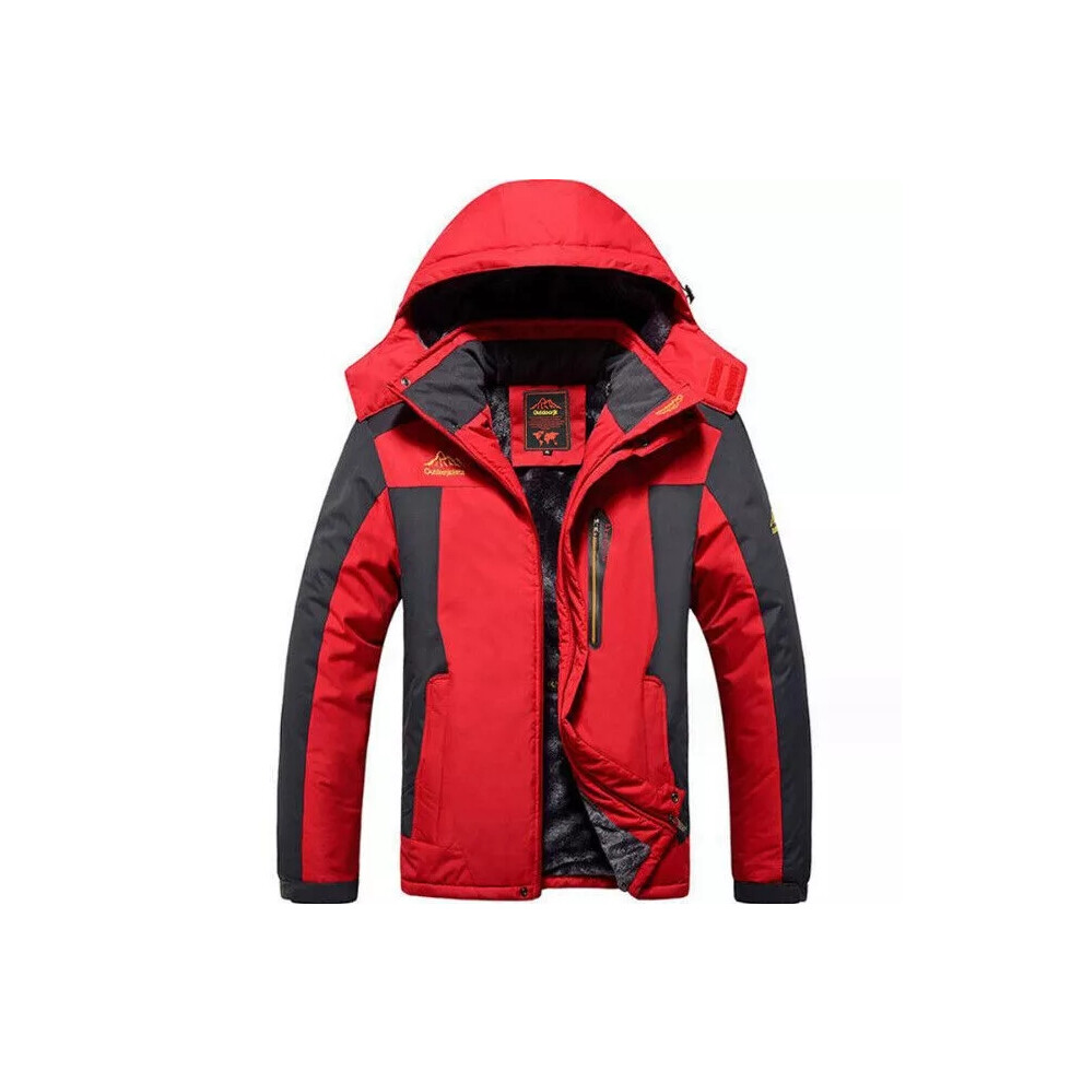 (Red, UK 5XL=Tag 7XL) Waterproof Jacket Winter Warm Fleece Lined Jackets Coat Hooded Mountain Work Men