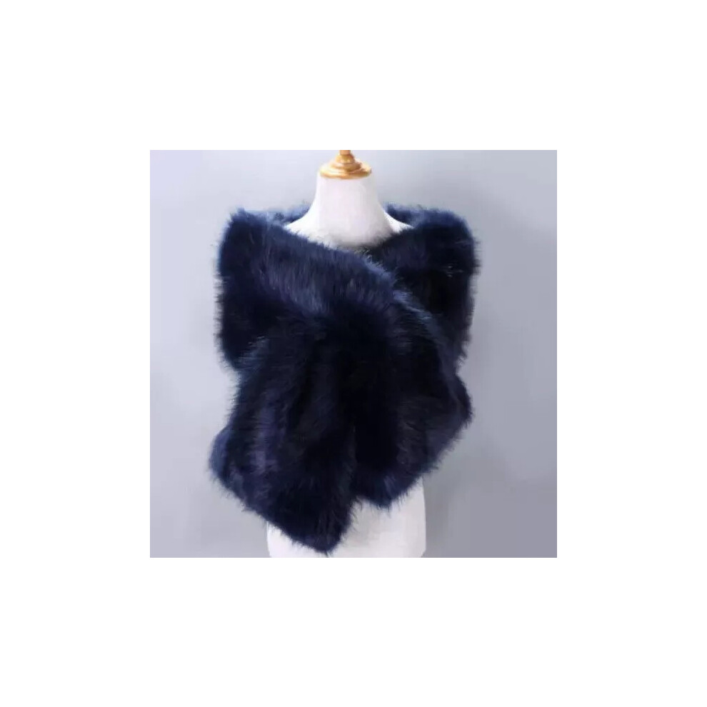 (Navy Blue) Women's Faux Fur Shawl Thicken Wrap Wedding Winter Long Stole Shrug Bridal Scarf