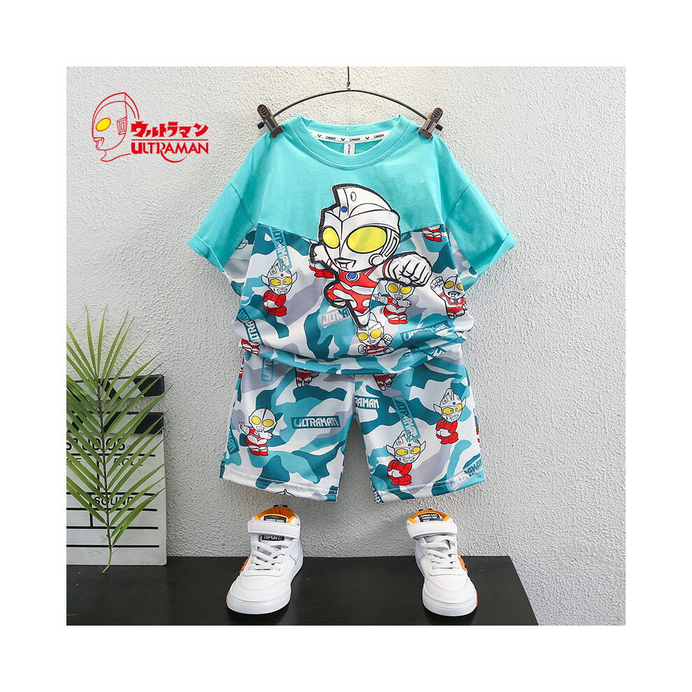 (Green, 100cm) Soft Cotton Ultraman Boys Summer Apparel Cheerful Cartoon Short Sleeve Two Piece Set-image-OPC-PFGS9GM-NEW