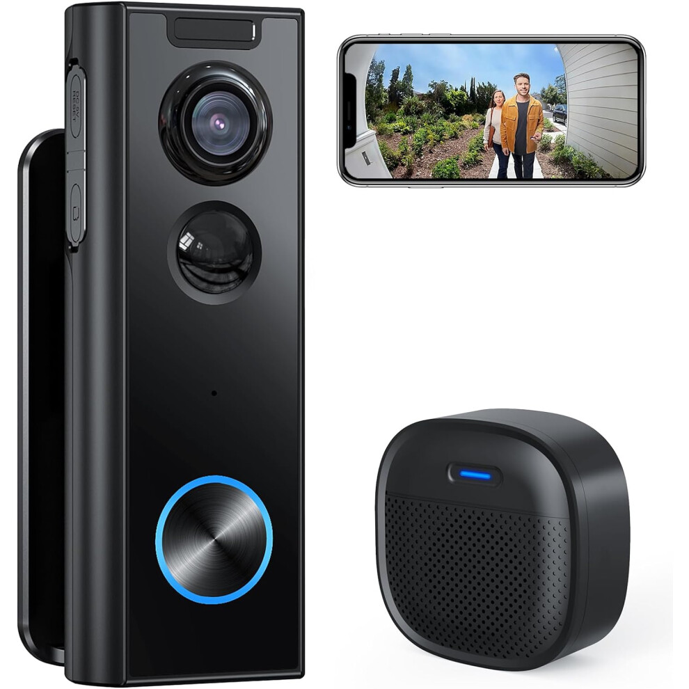 (Black) Wireless Video Doorbell No Subscription Required - 2K HD Security Doorbell Camera - Local/Cloud Storage with Multi-Angle Bracket