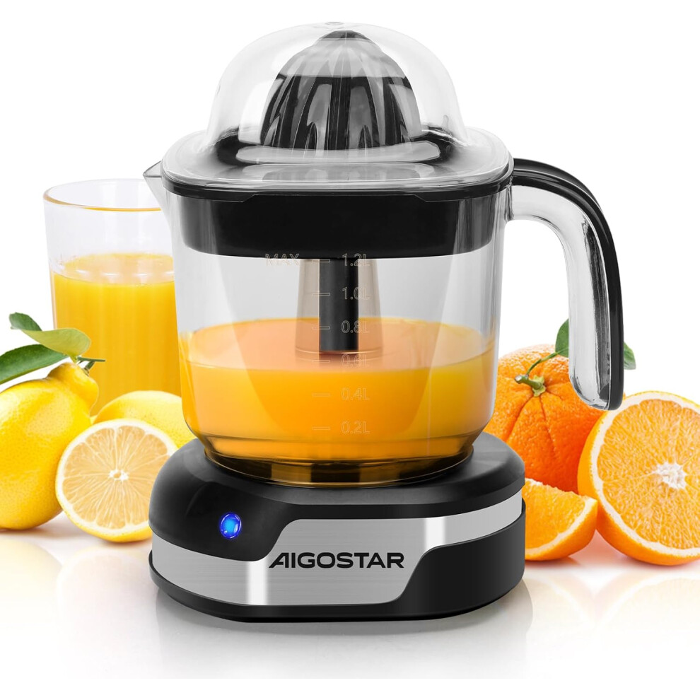 (juicy) 1.2L Orange Juicer Electric Citrus Juicer with LED Work Light, 2 Citrus Cones, Bi-Directional Rotation, Filter, Lemon Squeezer