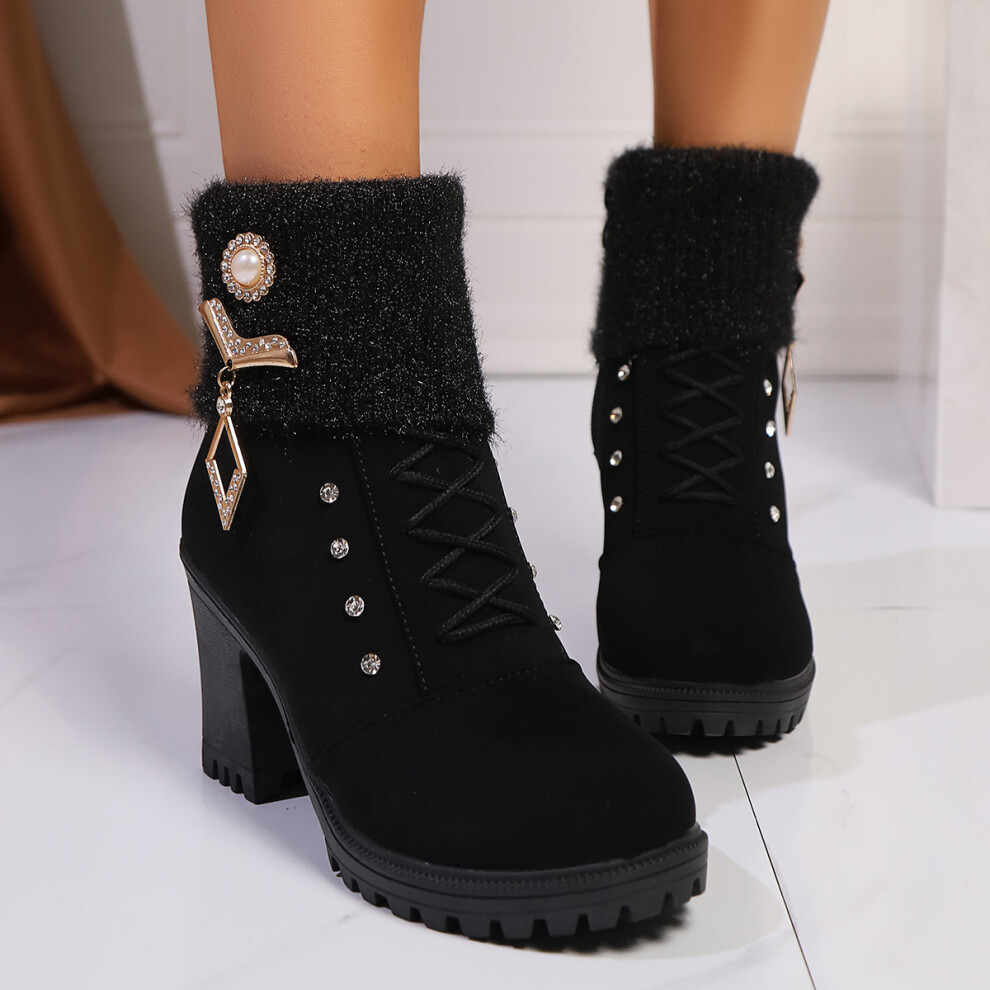 (37) Cozy Winter Black Faux Suede Chunky Heel Martin Boots With Rhinestone Accents