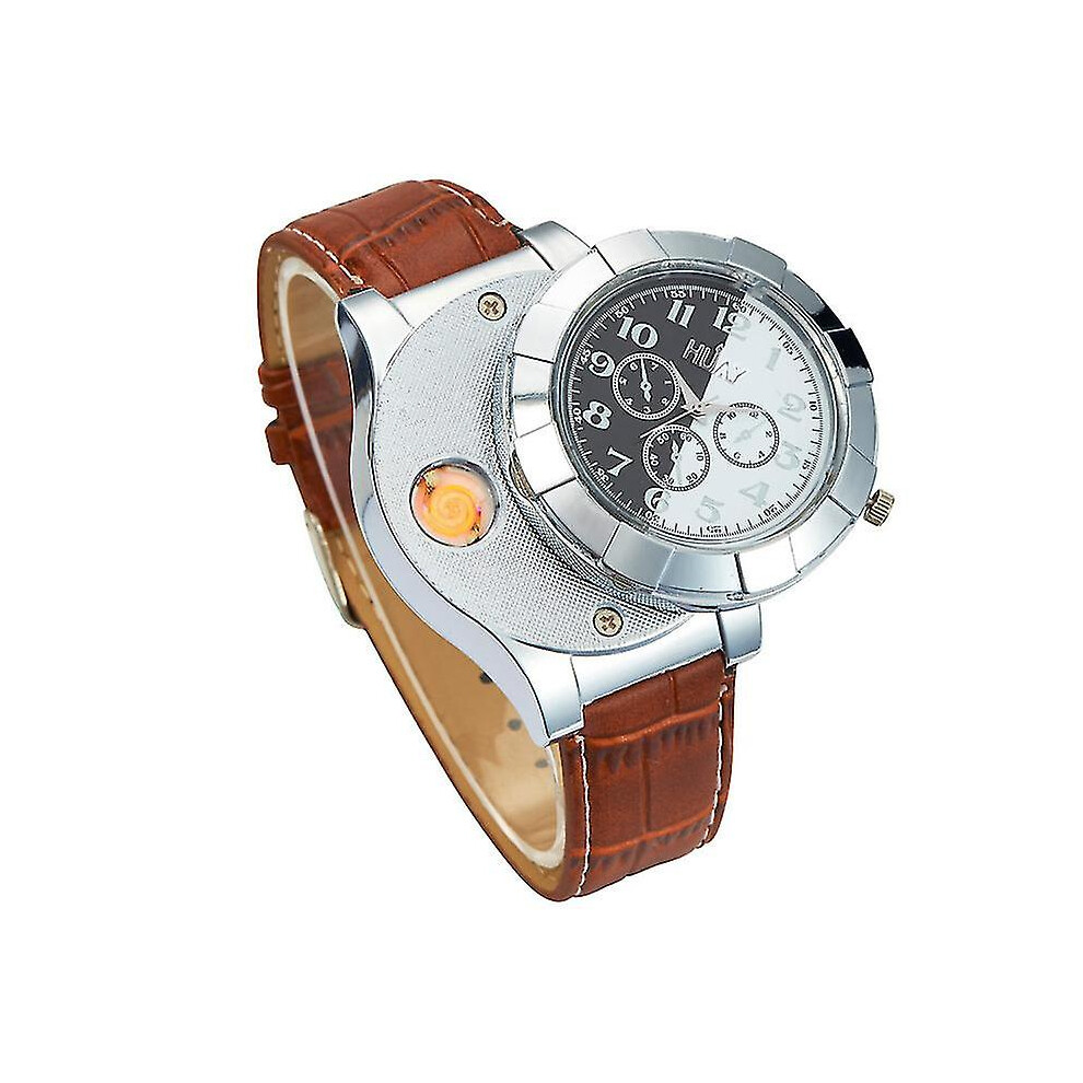 (Black and white brown) Usb Charging Lighter Watch Men Electronic Sports Quartz Wristwatches Windproof Flameless Smoke Cigarette Lighter Gifts Z