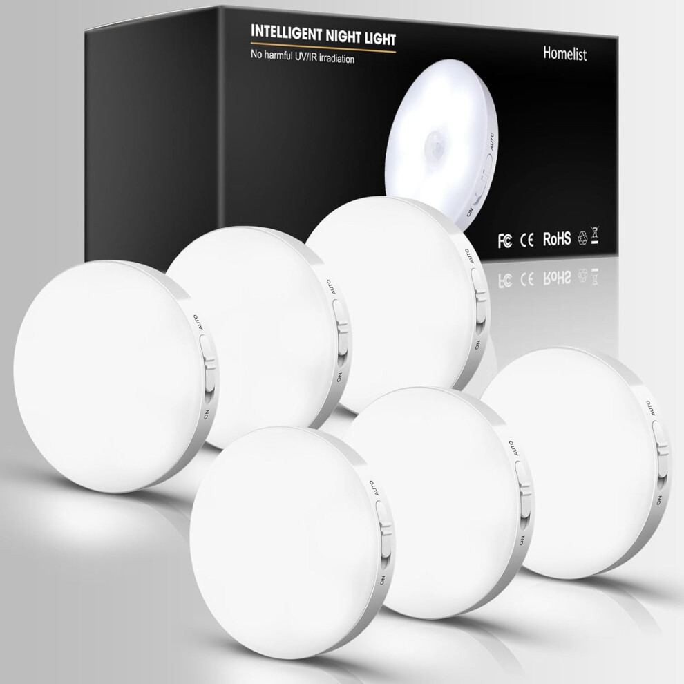 (Cold White) 6 Pack Motion Sensor Lights Indoor, Stairs, Cabinets, Counters, Wardrobes, Under Cabinet Kitchen Lights, Battery Operated Wall Lights