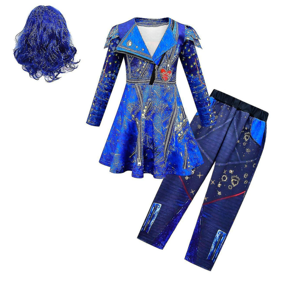 (110 (3-4Y), As Shown1) Audrey Costumes Set Girl Halloween Costumes Kids Party Evie Descendants 3 Mal Cosplay Costumes Dress Pants Wig Blue
