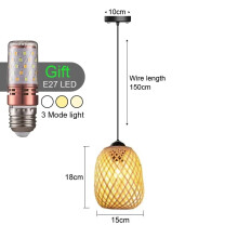 (Style A 15CM) Retro Bamboo Pendant Lamp E27Chandeliers Handmade knitting 12W LED Bulbs