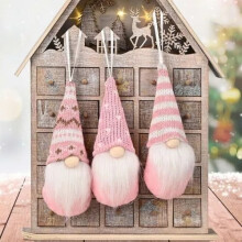 (Pink) 3pcs Christmas Pendants Gnome Tree Hanging Plush Gonk Xmas Ornaments Santa Doll