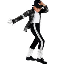 (Height 105-115cm) Boy Michael Jackson Billie Jean Black Suit Dance Disco Halloween Fancy Dress Up 80s Pop King Costume for Kids