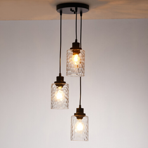 Living And Home Black 3-Light Pendant Light with Wave Glass Lampshade 2